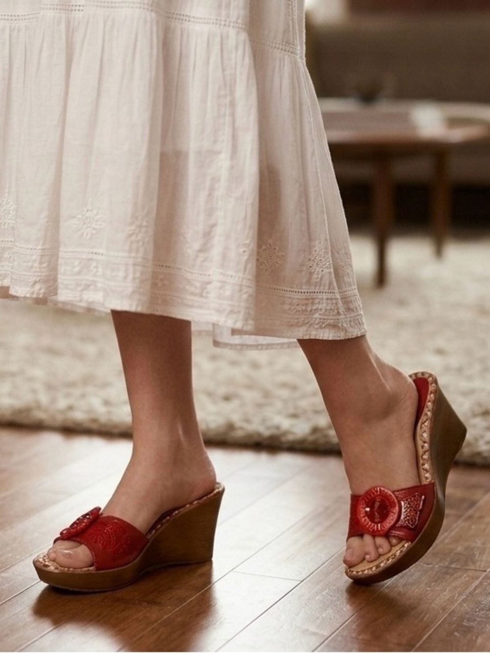 Town Shoes Red Slip-On Women's Wedges with Decorative Buckle